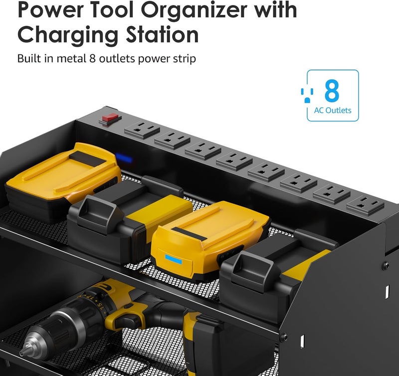 CCCEI Modular Power Tool Organizer Wall Mount Charging Station, Black 6 Drills Holder with 8 Plug Power Strip, Garage Drill Battery Heavy Duty Metal Shelf, Utility Rack with Hooks, Side Storage. - Image 2